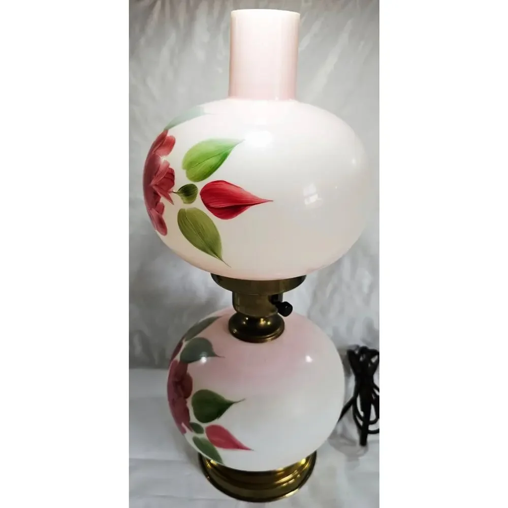 Vintage Hand Painted Pink Floral Gone With The Wind Hurricane Parlor Lamp 16.5